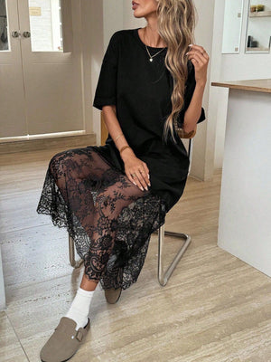 t-shirt dress in Black with floral and sheer