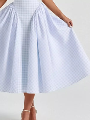 Plaid square neck midi dress in light blue with a-line skirt and gathered waist detail.