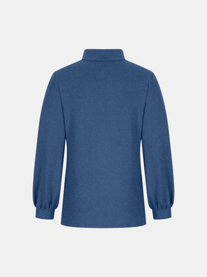 Dusty blue mock neck top with button back and puff sleeves