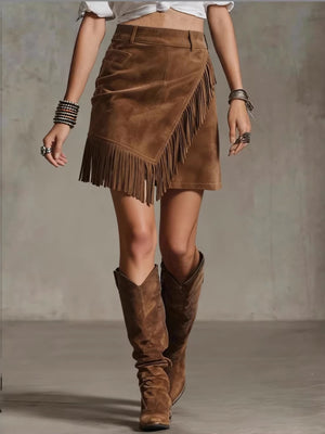 wrap skirt in camel featuring asymmetrical and A-line fit