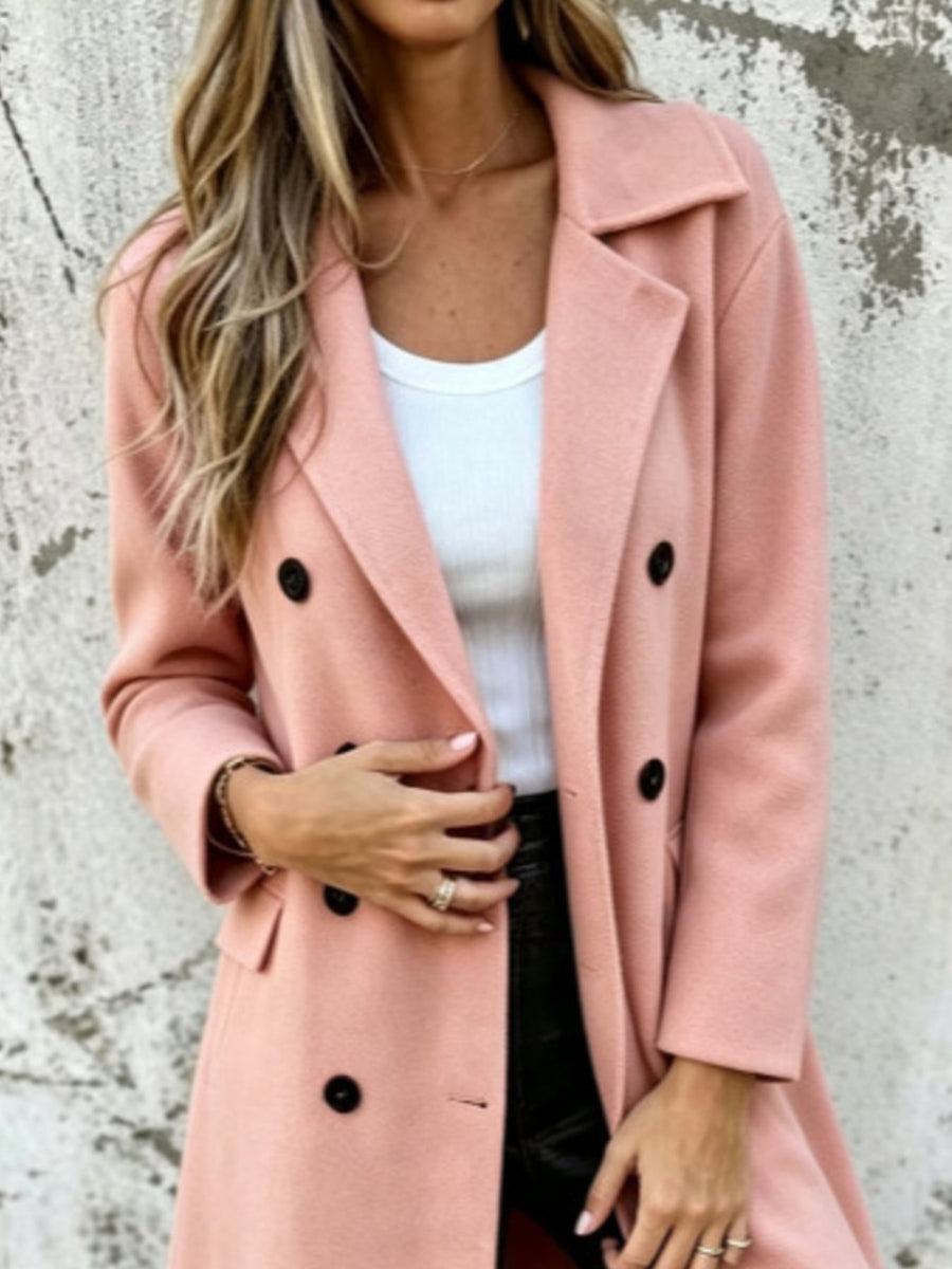 Full Size Double-Breasted Lapel Collar Coat in Coffee Brown with double-breasted