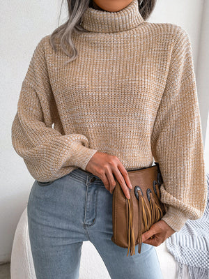 Beige turtleneck sweater with stretch and long sleeve