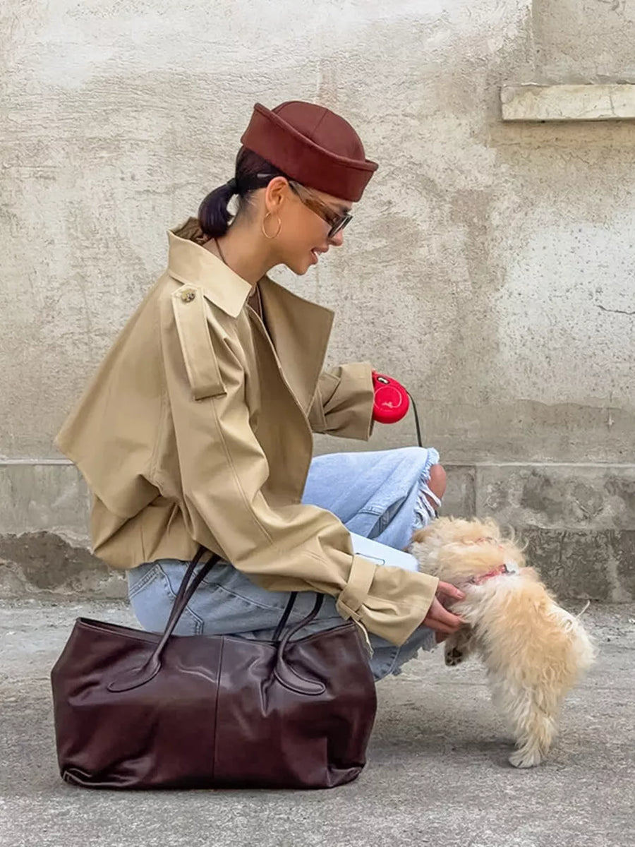 Wide Lapel Cropped Trench Coat in Khaki with buttoned