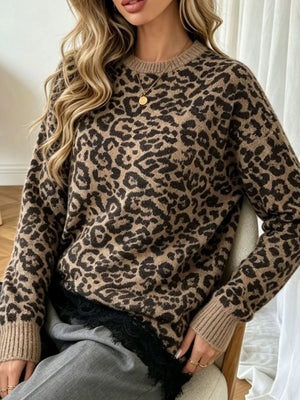Round Neck Sweater With Asymmetric Lace Hem in Gray with lace