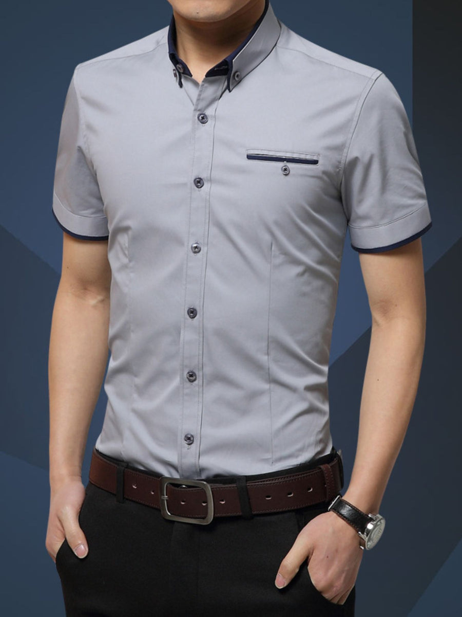 Grey fitted button-up shirt with collared