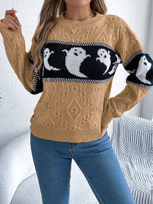 Camel pullover sweater featuring cable-knit and ghost-print