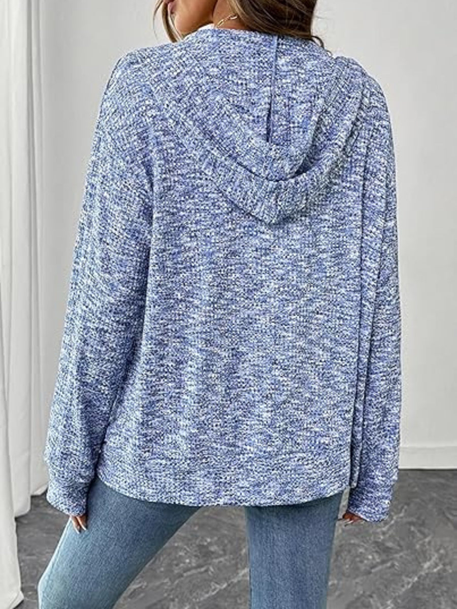 light blue zip hoodie with hip-length and zip-front