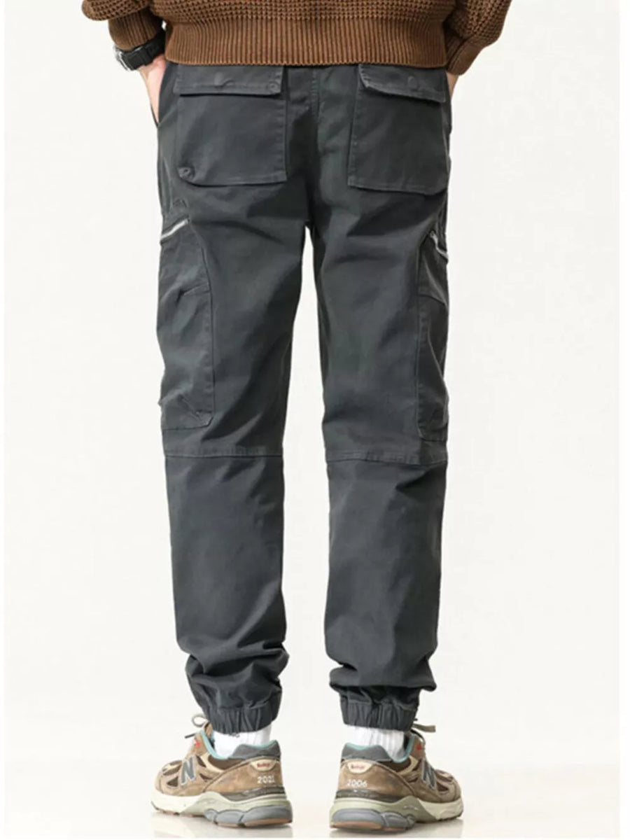 Men's dark gray casual cargo pants with zipper pockets and multiple utility pockets.
