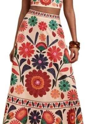 Floral print crop top and maxi skirt set in multicolor.