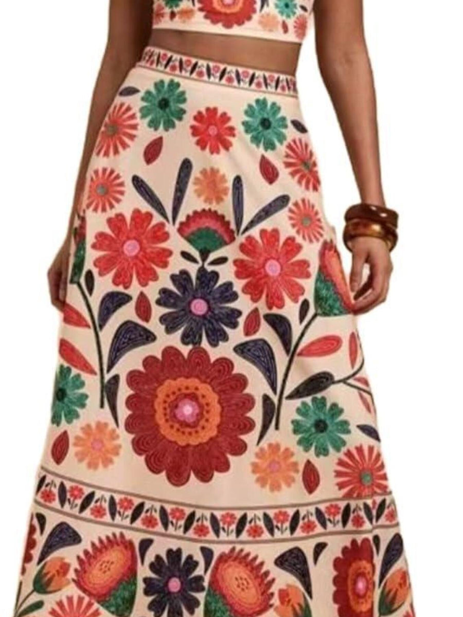 Floral print crop top and maxi skirt set in multicolor.