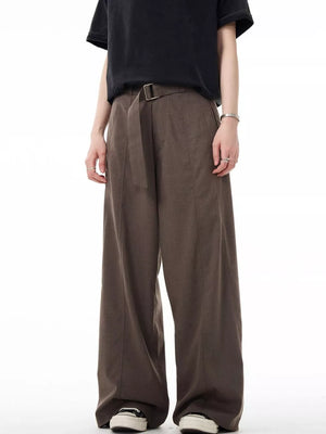 Men's dark brown wide-leg sweatpants with belted waist and stitched detailing.