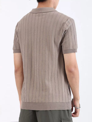 Men's brown ribbed knit short sleeve polo shirt with vertical stripe texture.