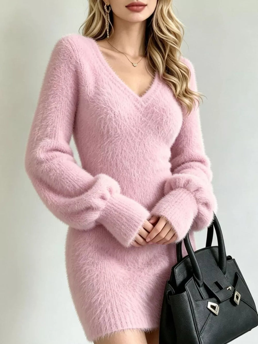 blush pink bodycon sweater dress with v-neck