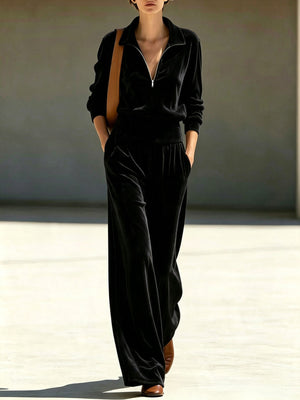 ivory sweatshirt and wide-leg pants set with zipper and long sleeve