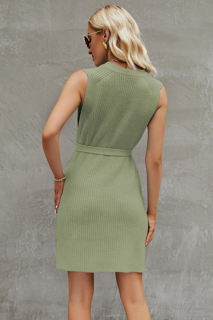Sage belted knit tank dress with A-line cut and crew neck