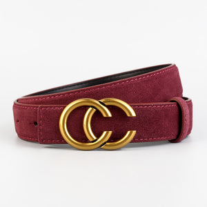 Premium cowhide leather belt in Angola Red with double C gold buckle.