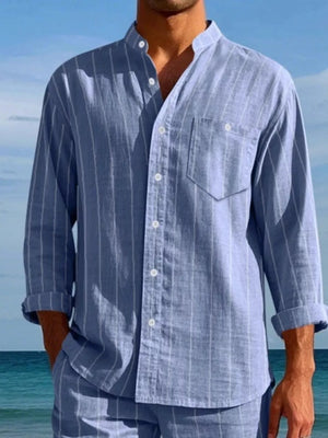 Sky blue linen-blend striped button-up shirt with band collar and chest pocket.