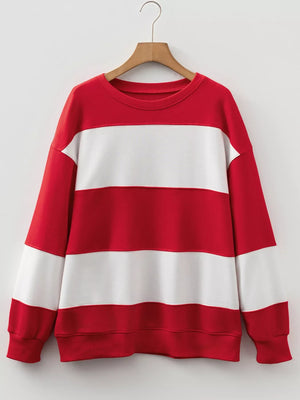 Drop shoulder sweatshirt in scarlet and white horizontal stripes, crewneck, long sleeves, baggy fit.