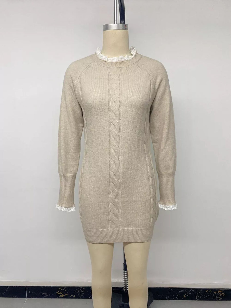classic sweater dress in Khaki with crew neck