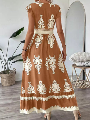 Ruffled Printed V-neck Maxi Dress in Moss