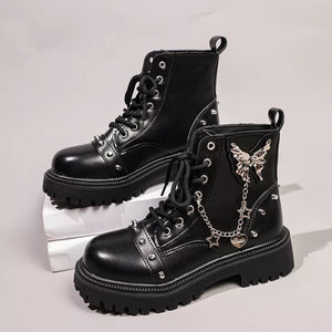 black boots with ankle-length and lace-up, zip-up