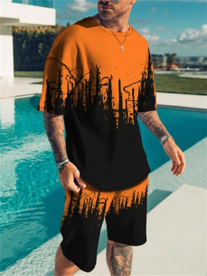Men's orange and black graphic print t-shirt and shorts set, short sleeve, crew neck.
