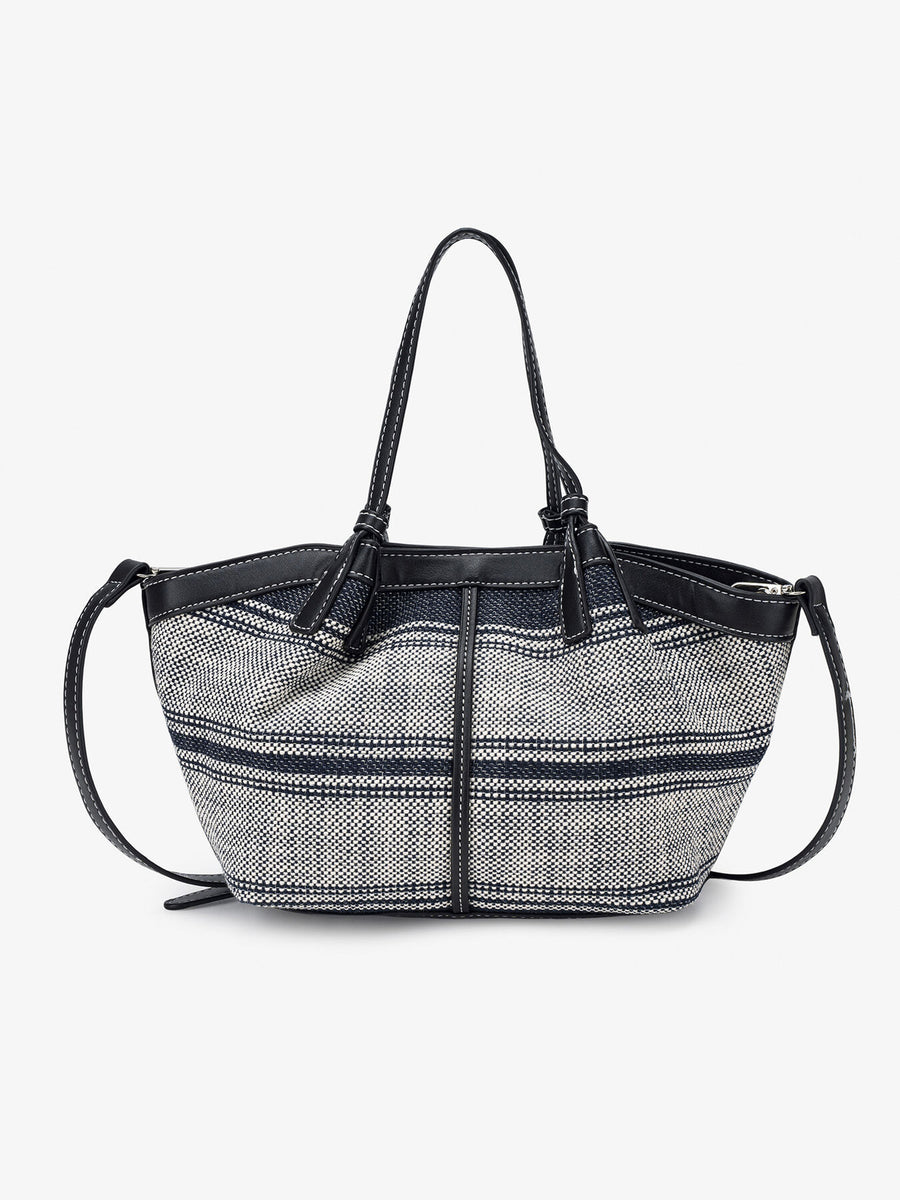 crossbody bag in navy blue with striped and leather trim
