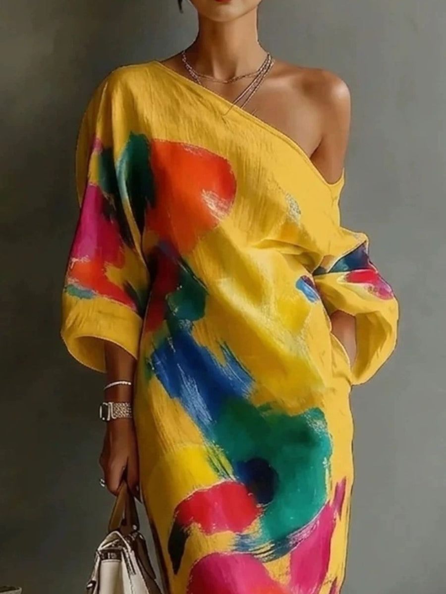 artsy maxi dress in Yellow with one-shoulder