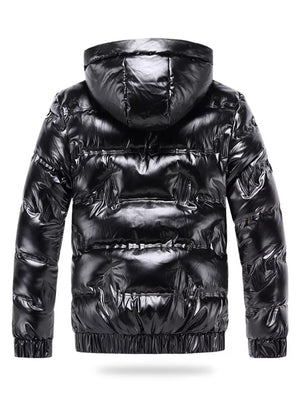 Black reflective hooded puffer jacket for men with elastic cuffs and hem.