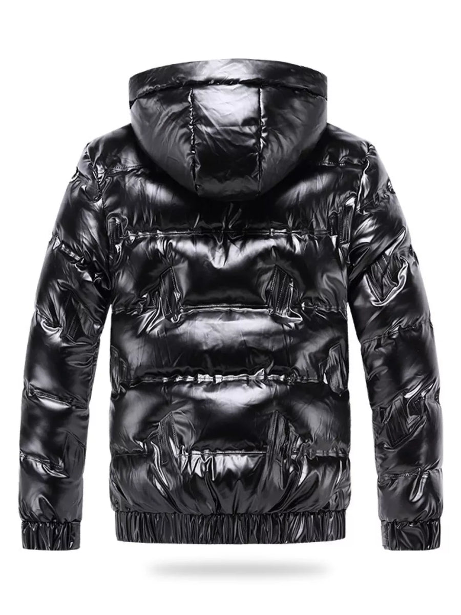 Black reflective hooded puffer jacket for men with elastic cuffs and hem.