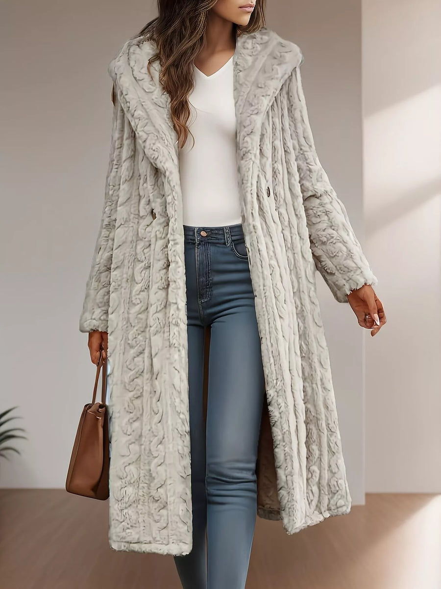Gray hooded longline button up outerwear with textured pattern and side pockets.