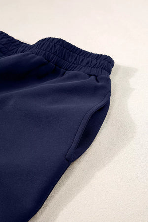 Solid Color Cowl Neck Pullover Wide Leg Pants Set in Dark Navy with drawstring waist