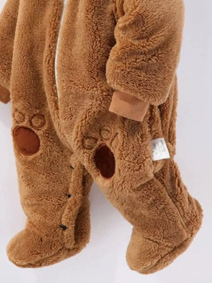 Brown fleece baby snowsuit with bear paw details on feet and legs.