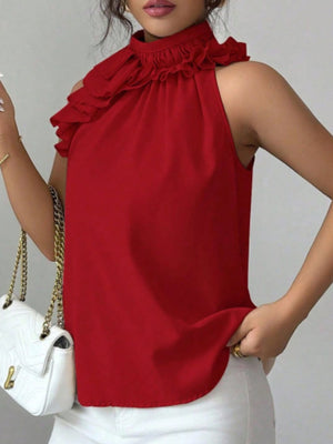 Ruffled high neck sleeveless top in Red