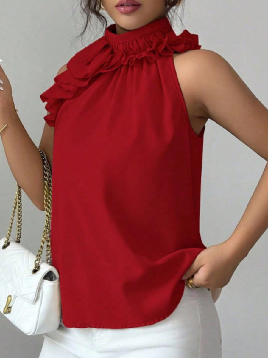 Ruffled high neck sleeveless top in Red
