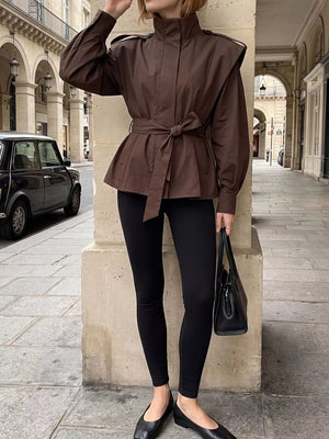 Stand-collar Belted Trench Coat in Beige with belted