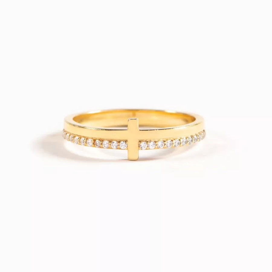 ring in clear with geometric and cross motif