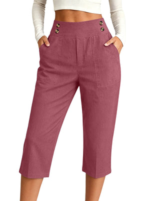 High-Waisted Button-Detail Cropped Pants Plus Size in Coffee Brown with pocketed