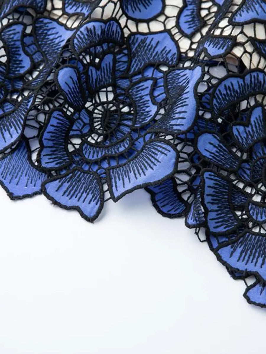 Blue floral lace midi dress with black trim detail