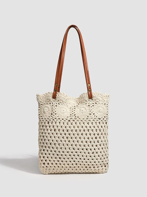 tote in cream featuring crochet knit and straight fit