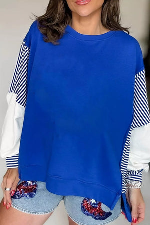 sweatshirt in Royal Blue with patchwork sleeves and hip-length