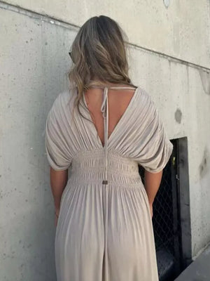 Apricot V-neck maxi dress with dolman sleeves and smocked waist detail