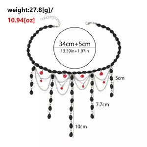 Gothic Beaded Tassel Choker Necklace in Black with beaded
