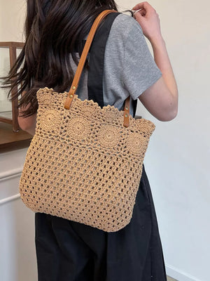 tote in tan featuring crochet knit and boxy fit