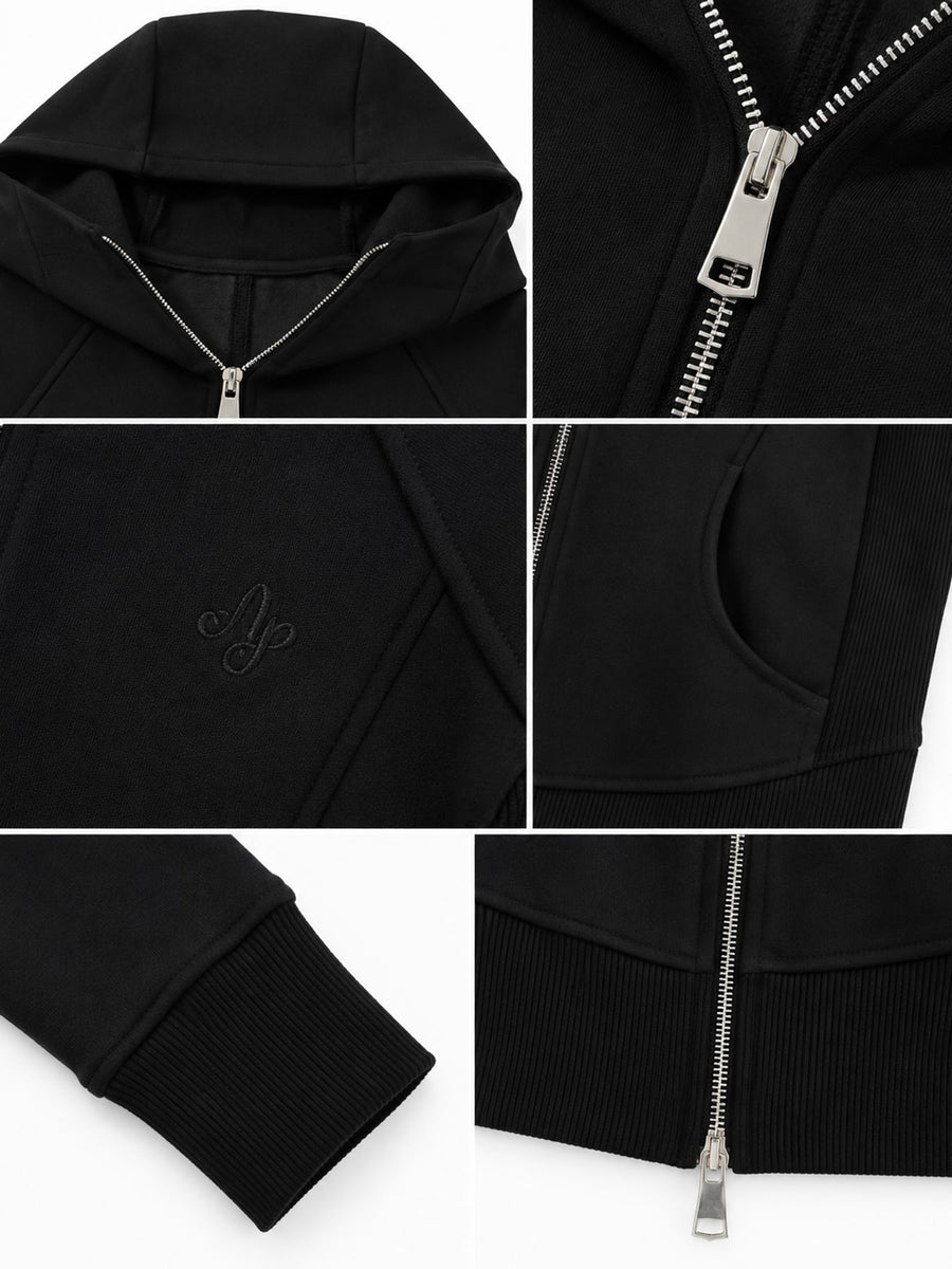 zip hoodie in Black with zipper and cropped