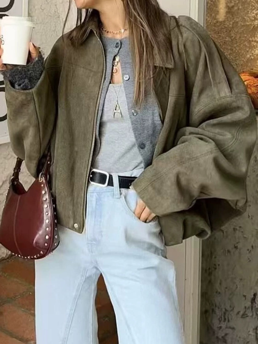 Cream bomber jacket with seam detail and dolman sleeve