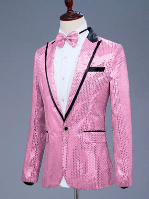 Men's pink sequin one-button tuxedo blazer with black lapels and trim.