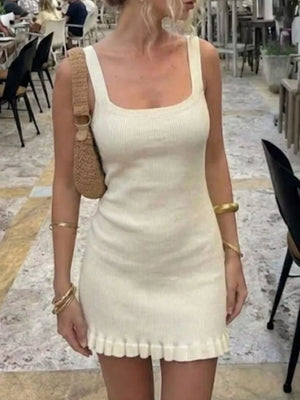 Ribbed Knit Square Neck Sweater Dress in Apricot