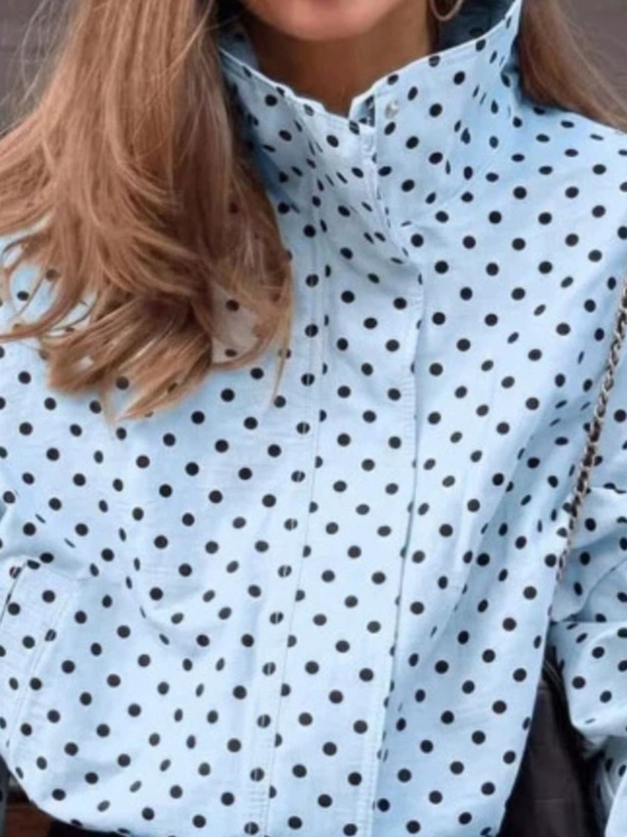 Pink zip-up jacket with zip-front and polka dot