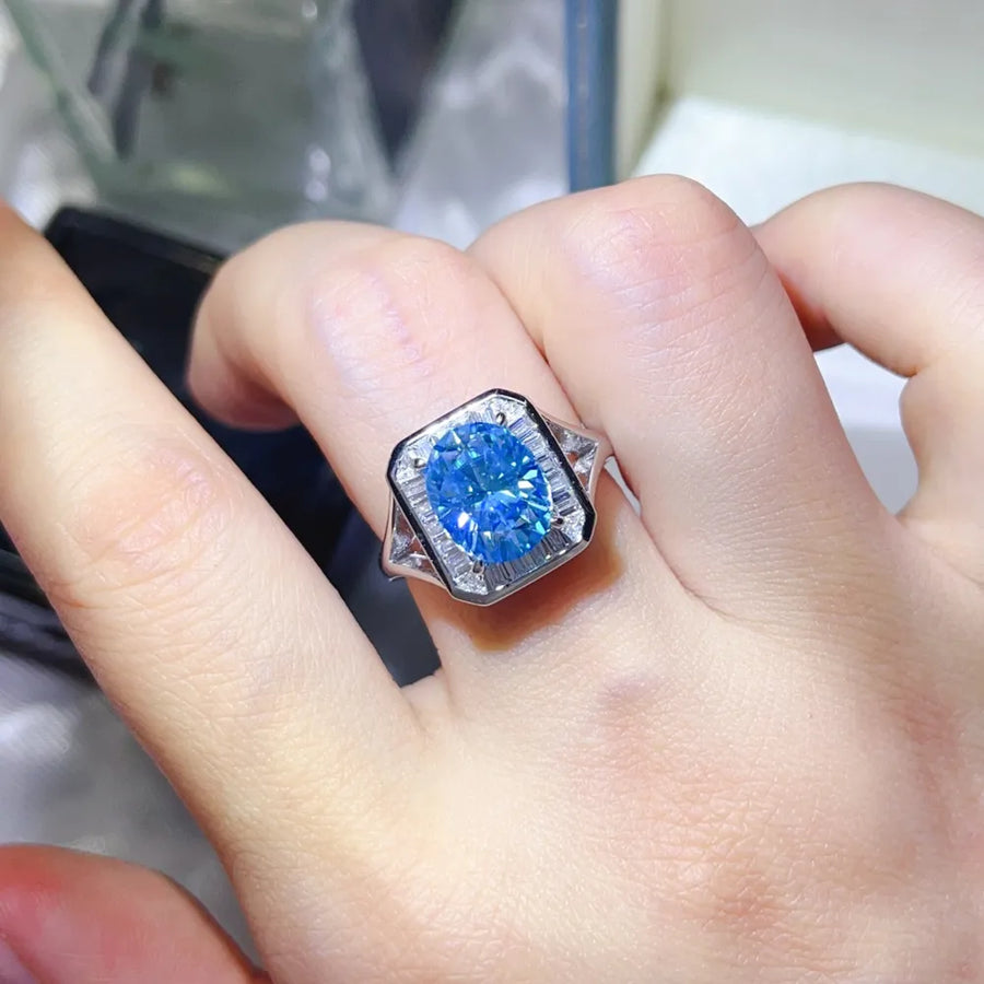 ring in sky blue featuring 3 carat moissanite and boxy fit